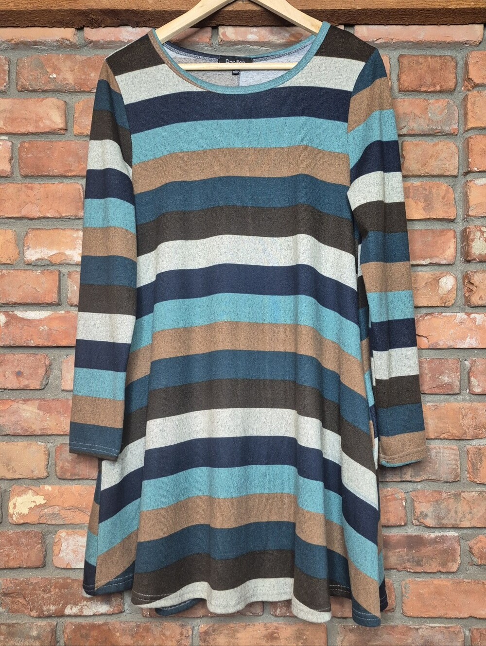 Papillon Colorblock Stripe Swing Dress Long Sleeve A Line Tunic Side Pockets